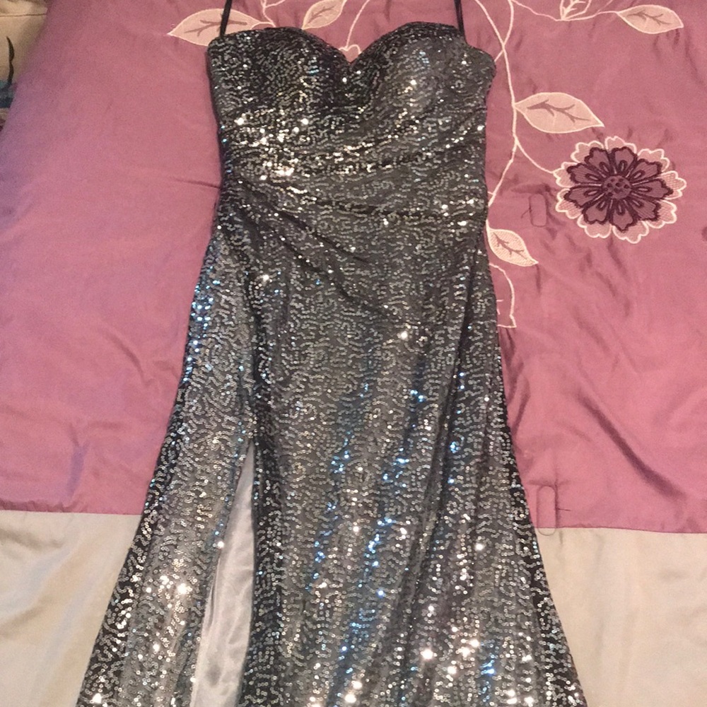 Strapless black and silver prom dress